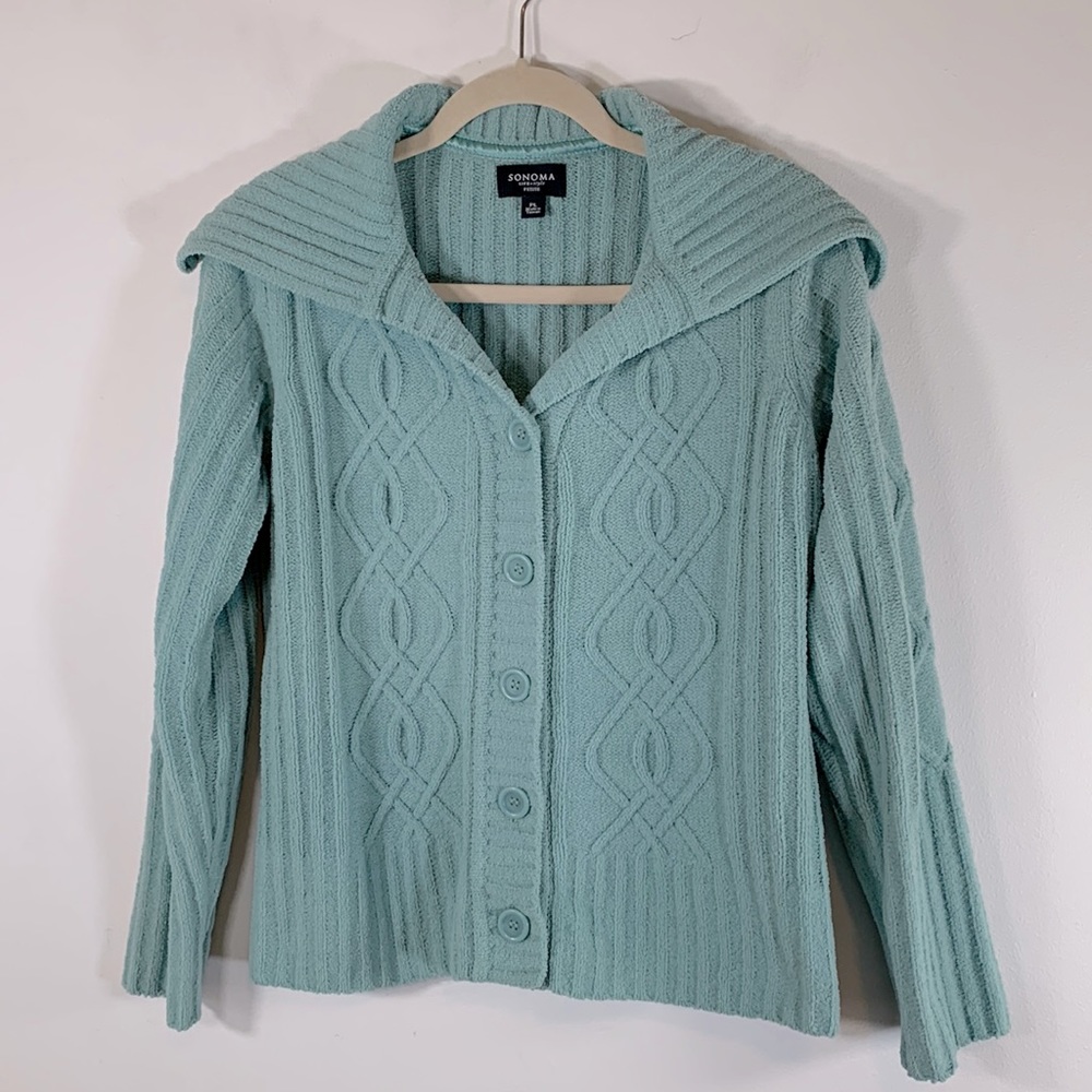 Sonoma Petite Button Up Pastel Green Women’s Size PL Textured Sweater Cardigan
